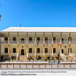 Image Parliament House Facade panorama taken from Macquarie Street, source Parliament of New South Wales